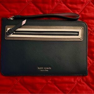 Kate Spade Dark Teal, Cream and Tan. Wristlet with Zipper Accent. Staci.